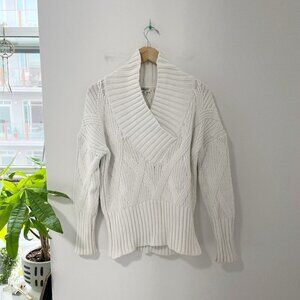 Kenzo White Cable Knit V Neck Foldover Sweater Size Small